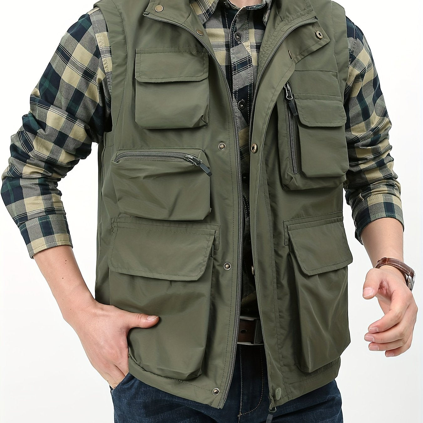 Men's Zipper Pockets Cargo Vest - Casual Stand Collar Outwear