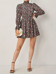 Allover Ditsy Print Lantern Sleeve High Neck Mini Dress