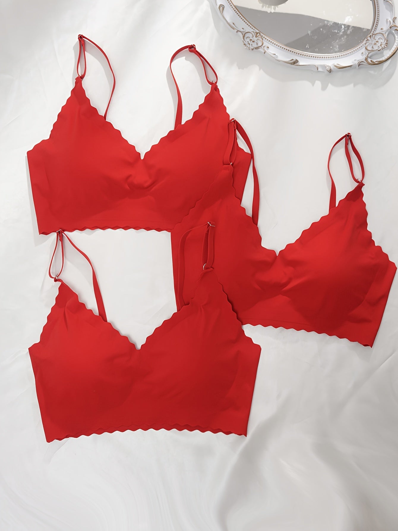 3pcs Seamless Wireless Bras Scallop Trim Intimates Bra Women's Lingerie