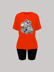 Cartoon Bear Print 2Pc Set Short Sleeve Casual Tee & Shorts Women's Clothing