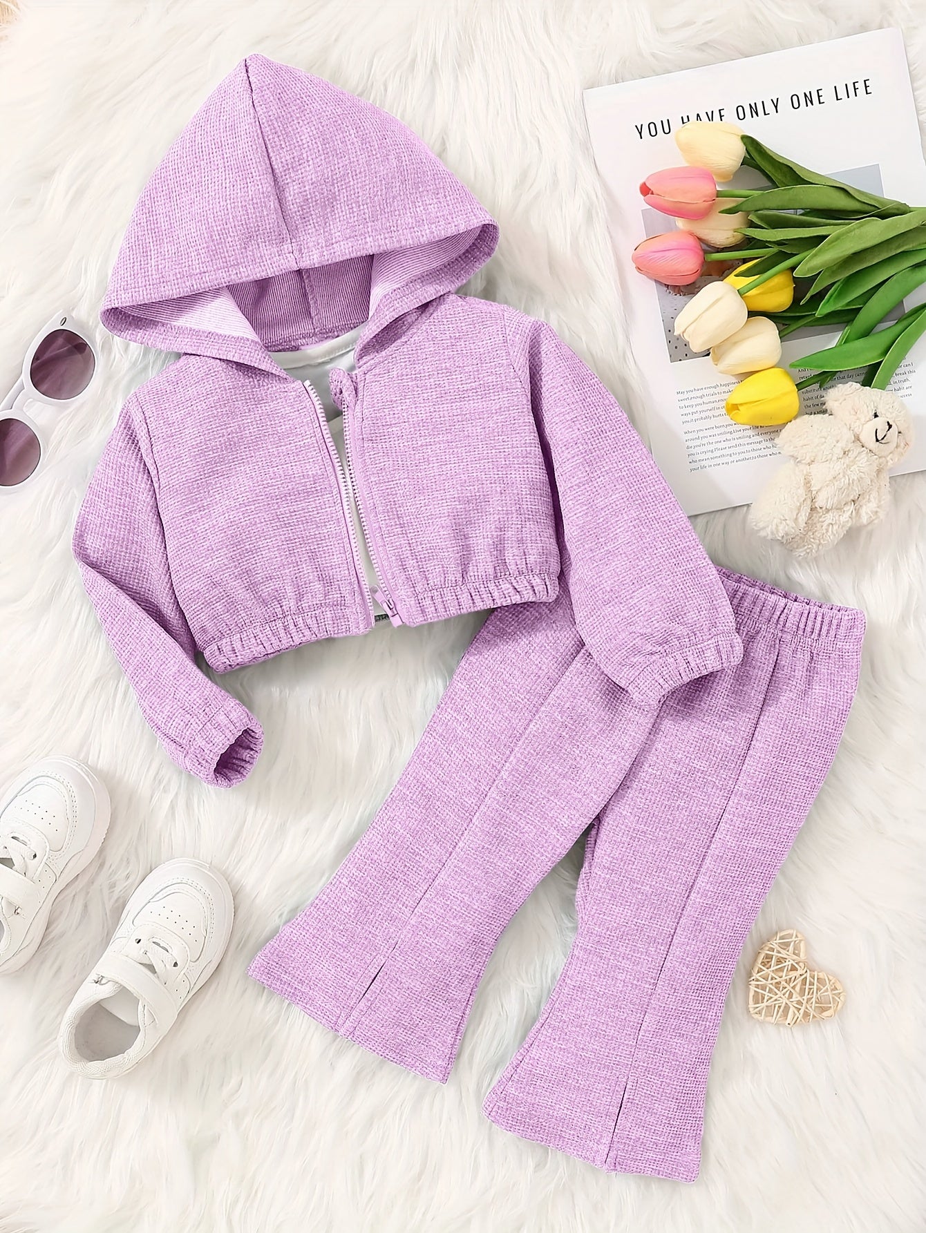 Baby Girl Waffle Hooded Top and Pants Set