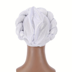 Silvery Turban Cap Twisted Braided Pre tied Big Head Wrap Elastic