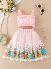 2pcs Baby Girls Camisole Top & Mesh Flower Skirt Set