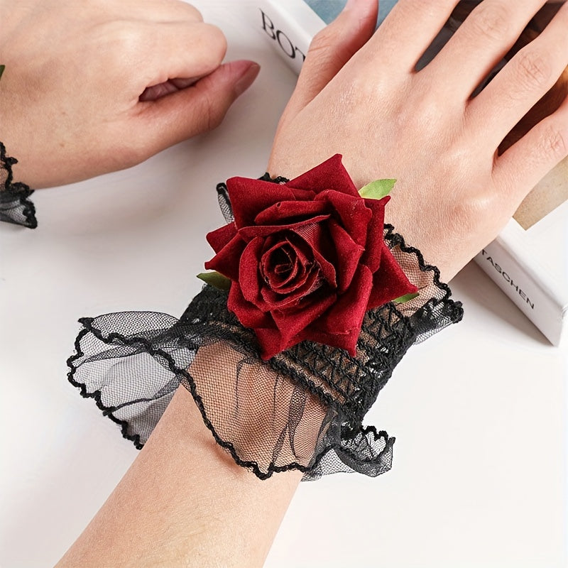 Rose Decor Lace Wrist Cuffs Ruffles Lace Pleated Horn Cuffs