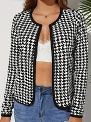 Plaid Open Front Jacket Long Sleeve Contrast Trim Jacket