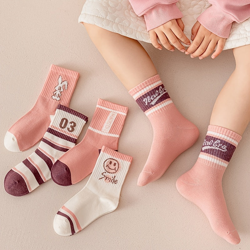 5 Pairs Kids Socks Sweet Cartoon Girls Pink Sports Socks