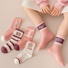 5 Pairs Kids Socks Sweet Cartoon Girls Pink Sports Socks