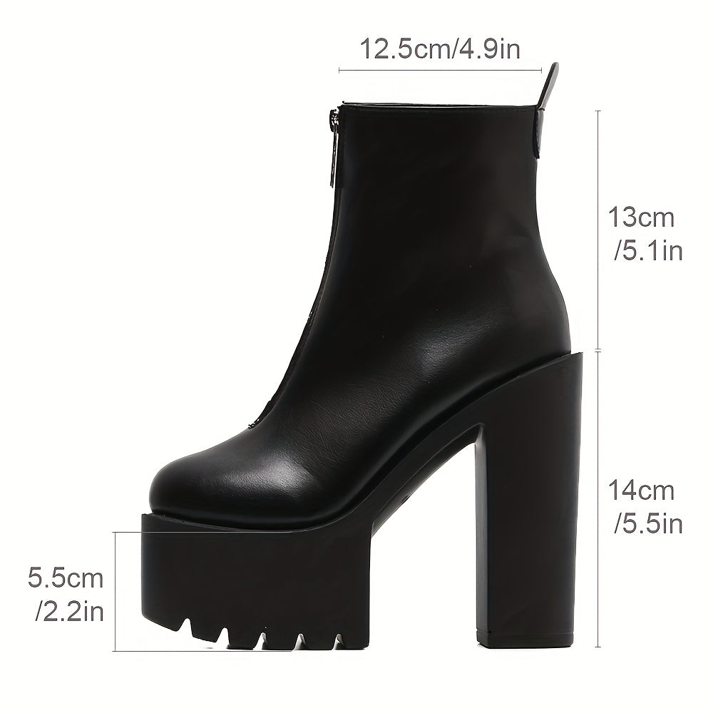 Women's Block Heel Boots Front Zipper Platform Shoes