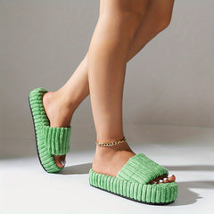 Women's Fuzzy House Slippers Open Toe Platform Casual Slides