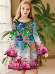 Girls Flower Graphic Crew Neck Long Sleeve Dress
