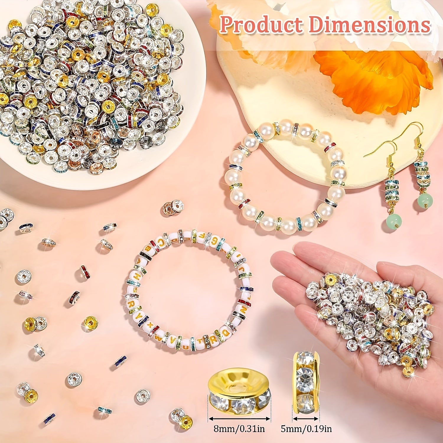 900pcs 8mm Rhinestone Spacer Beads 15 Colors