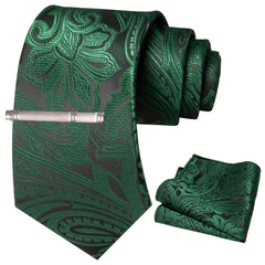 Floral Tie And Pocket Square Set With Tie Clip