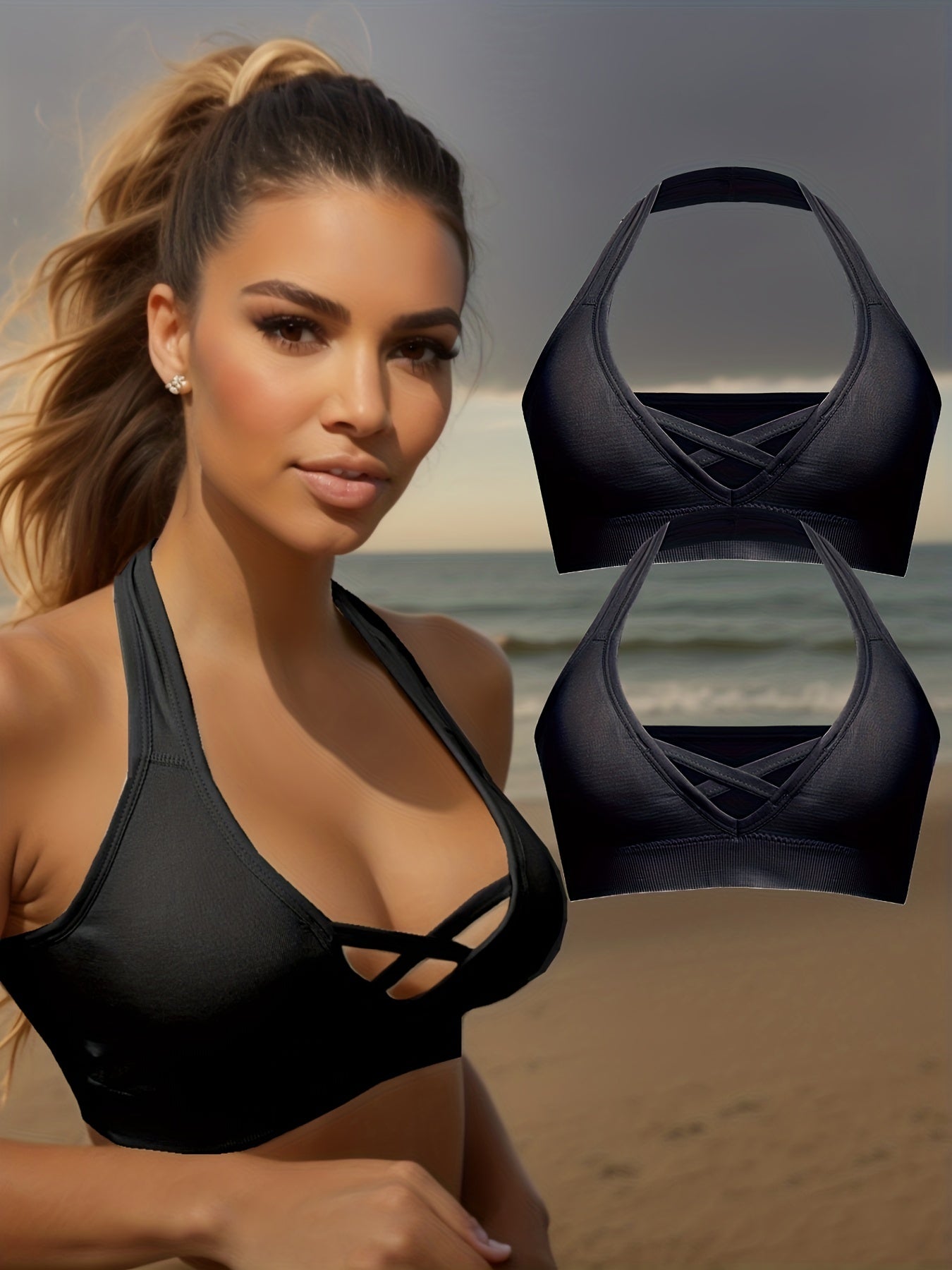 2pcs Wireless Halter Sports Bras Criss Cross Push Up Bra