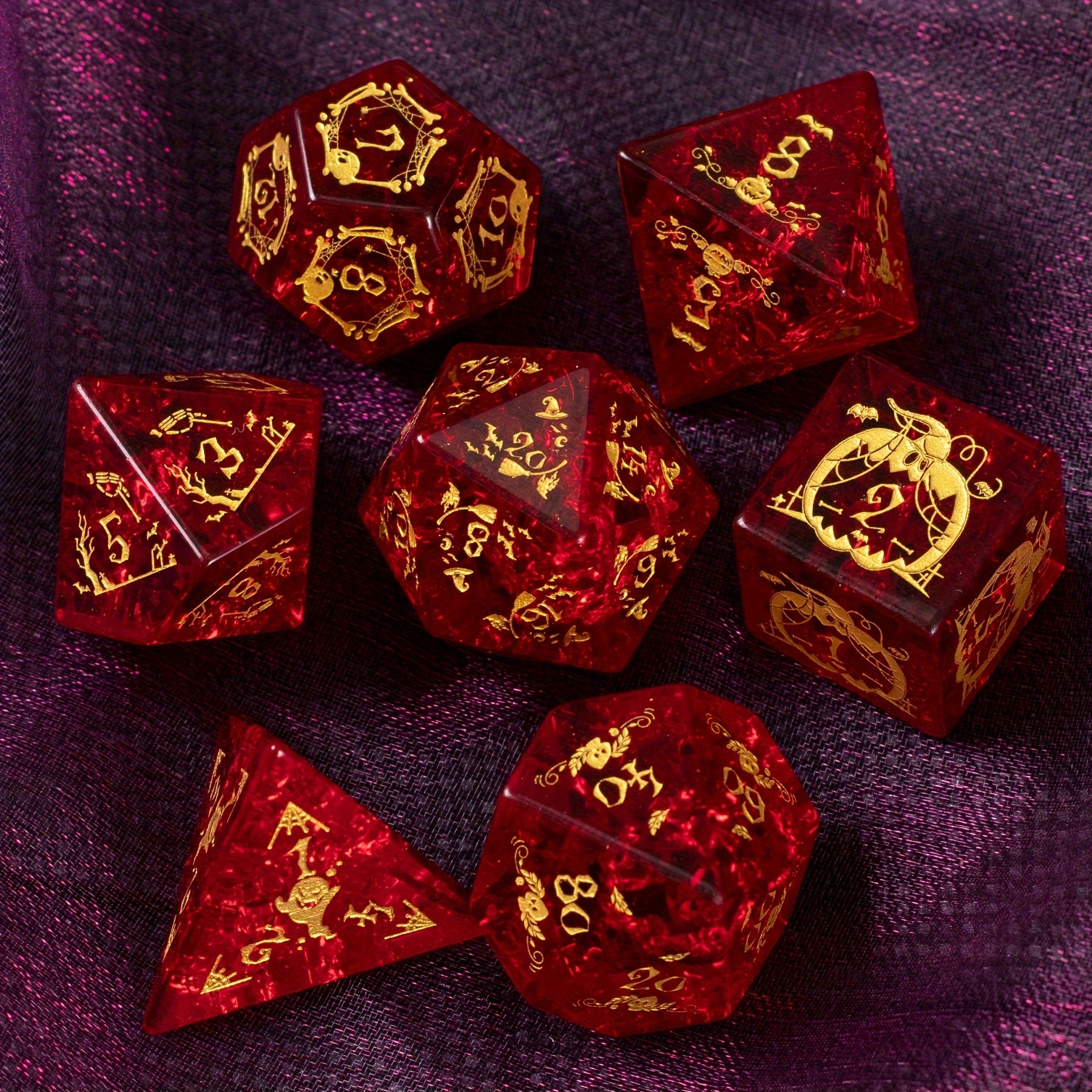 Halloween Red Glass Gem Dice with Exclusive Pumpkin Skull Carving Pattern