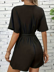 Women's Plus Size Solid V Neck Romper with Pockets & Belt