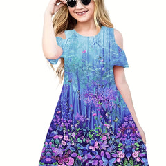 Girls Dreamy Forest Cold Shoulder Dress for Summer Party