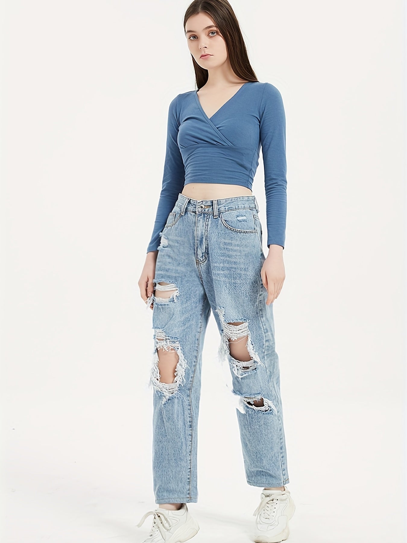 High Waist Ripped Straight Jeans Baggy Denim Pants