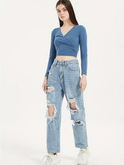 High Waist Ripped Straight Jeans Baggy Denim Pants