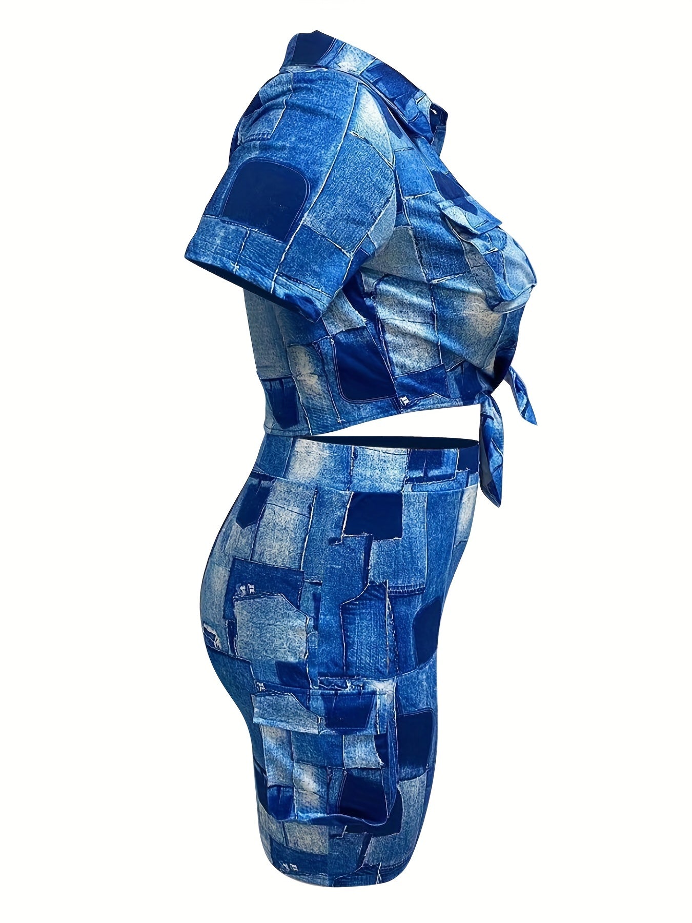 Denim Print Crop Top & Cargo Shorts Outfit Set Plus Size