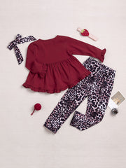 Girls' Frill Trim Peplum Top and Leopard Bow Pant Set