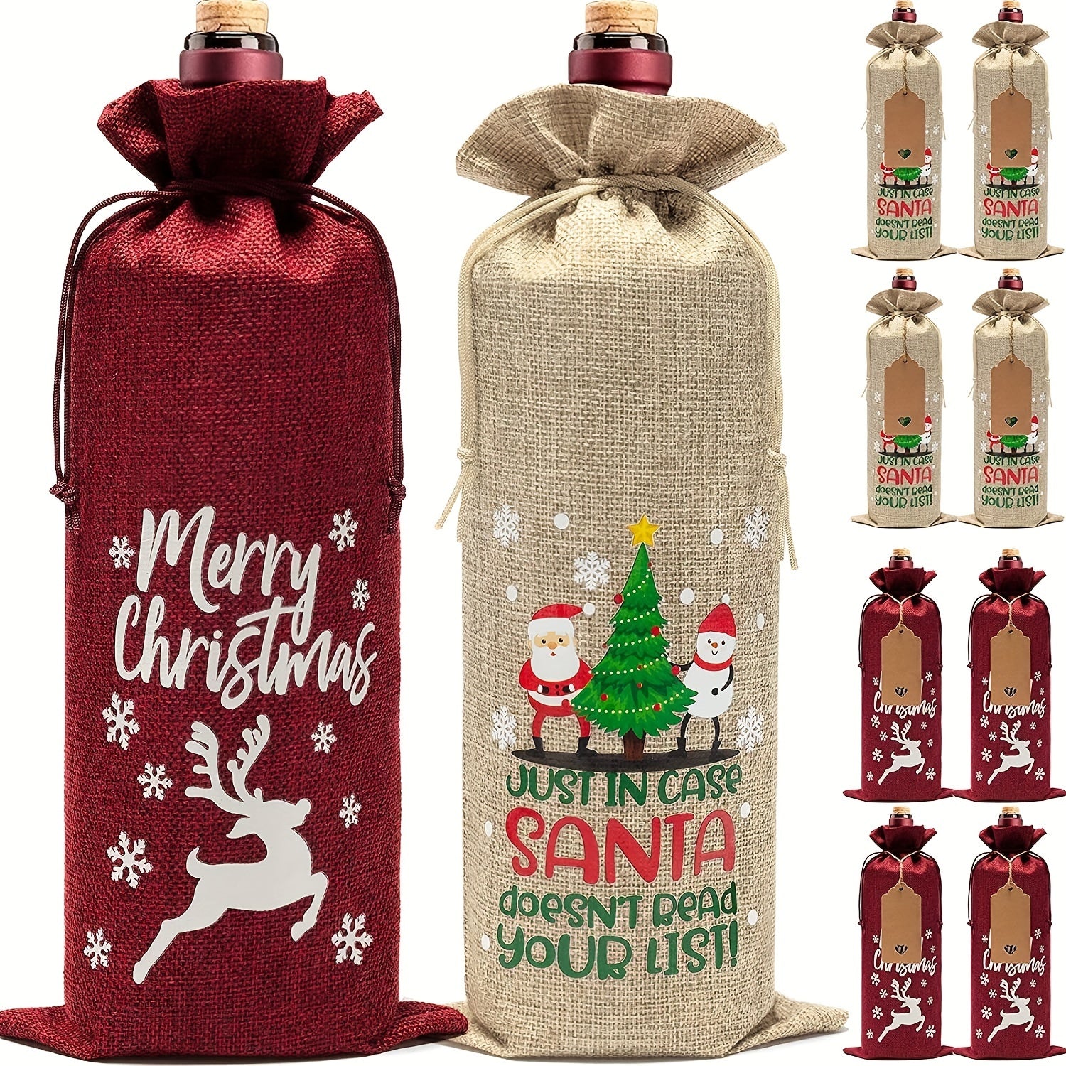 Christmas Linen Wine Bottle Bag Drawstring Wine Bottle Cover
