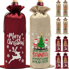 Christmas Linen Wine Bottle Bag Drawstring Wine Bottle Cover