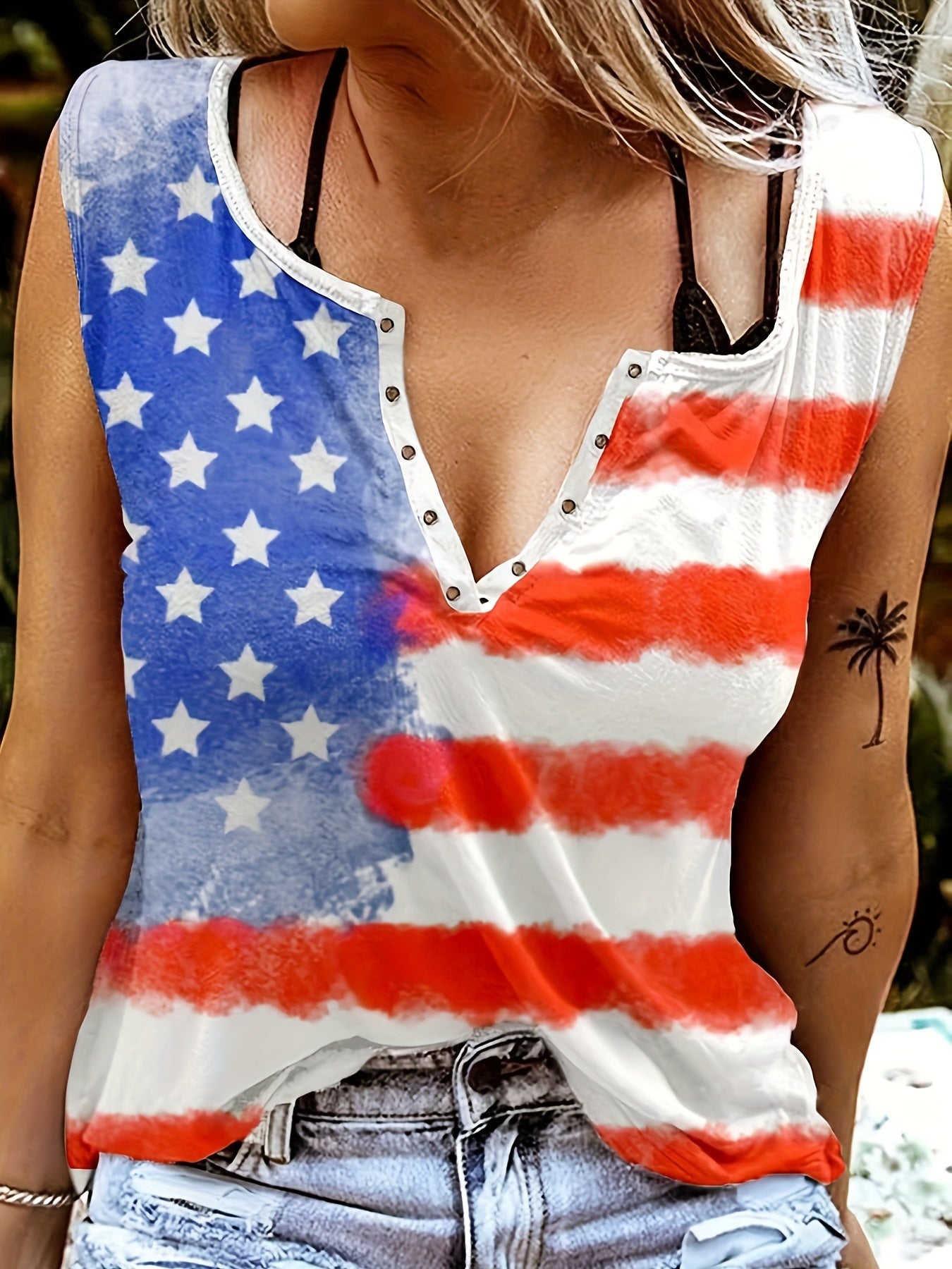 Flag Print V Neck Tank Top Summer Women's Clothing
