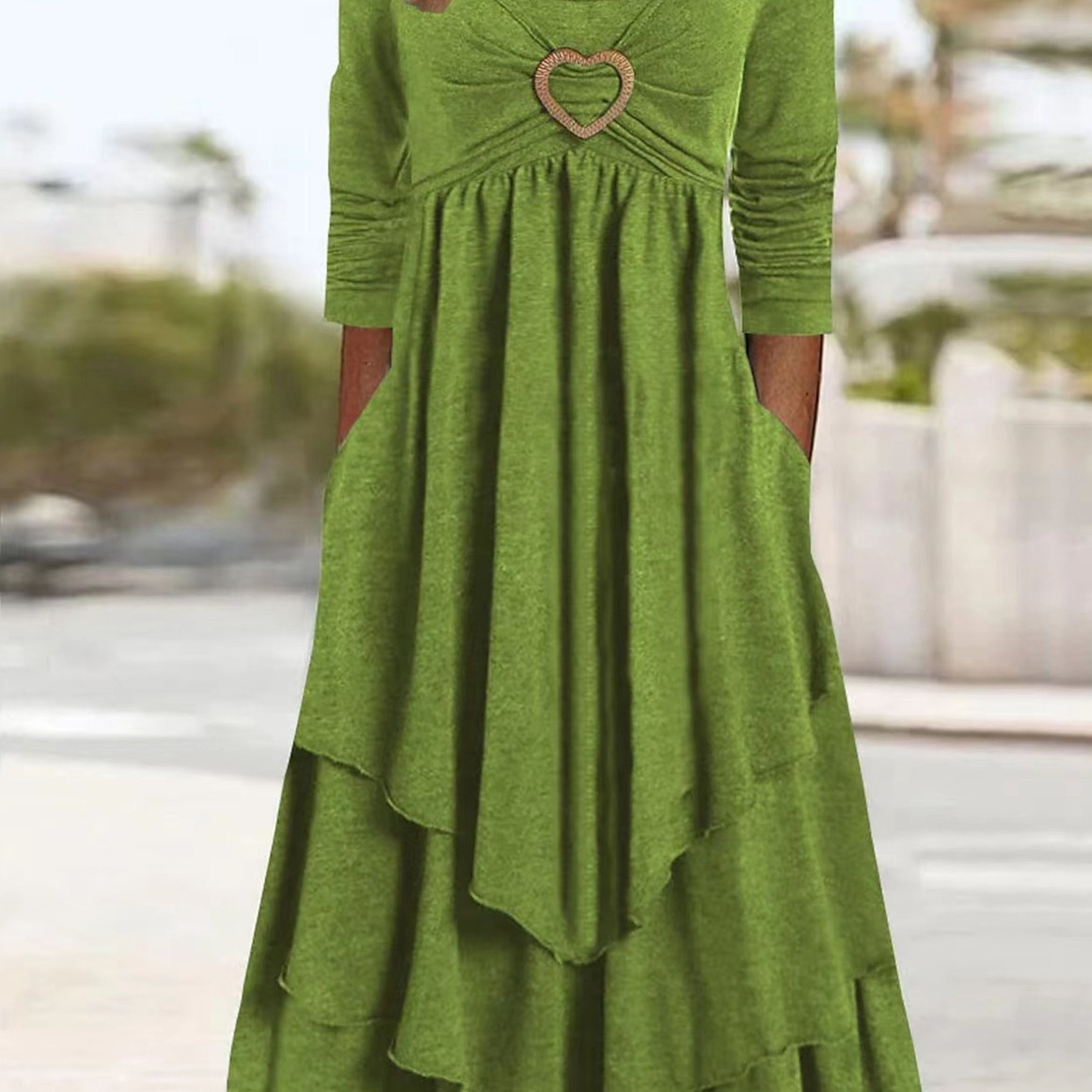Long Sleeve Heart Ring Round Neck Maxi Dress