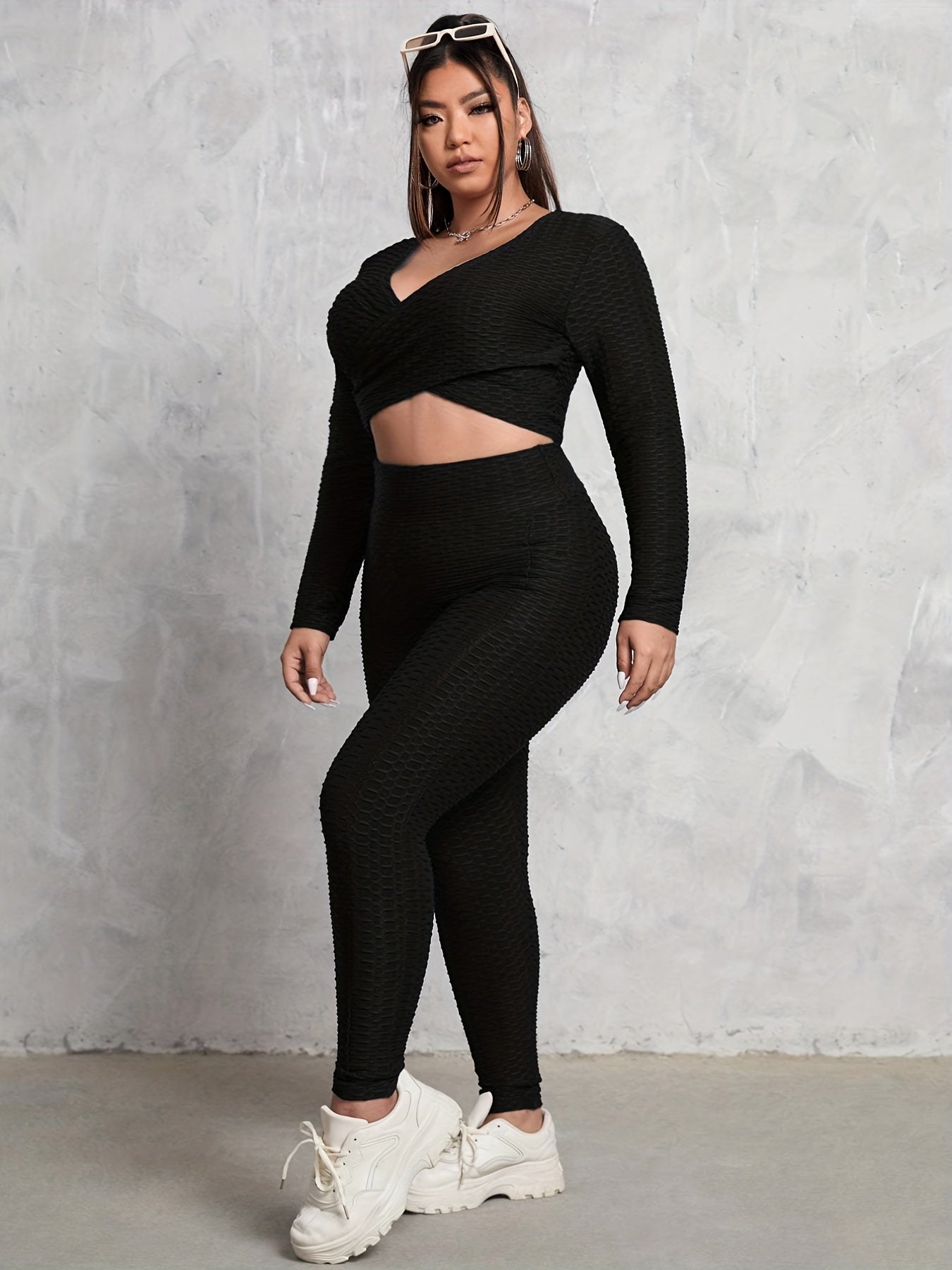 Honeycomb Textured Wrap Crop Top & Leggings Set