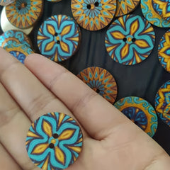 100pcs Wooden Sewing Buttons Flower Painting Round 2 Hole Bohemian Buttons