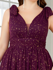 Glitter Bow Knot Sleeveless V Neck Maxi Formal Dress