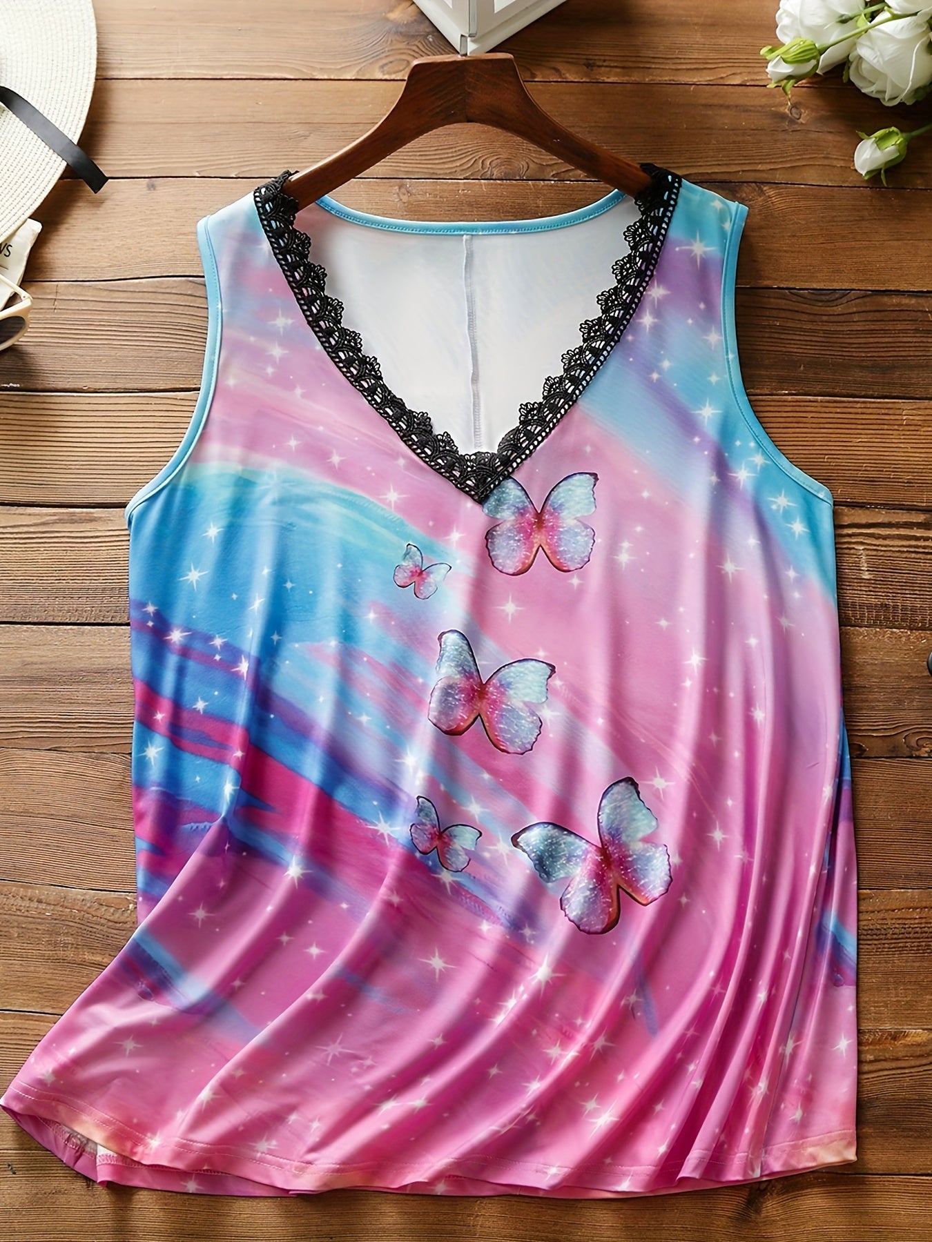 Tie Dye Butterfly Print Tank Top Lace Trim V Neck