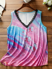 Tie Dye Butterfly Print Tank Top Lace Trim V Neck