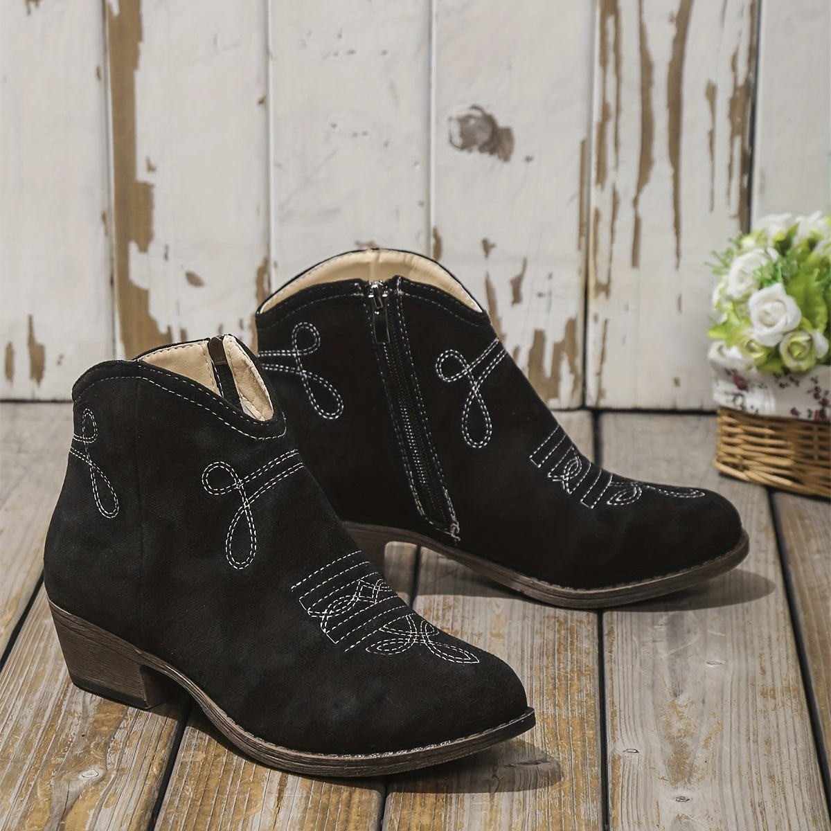 Embroidered Western Ankle Boots V Cut Side Zipper Low Heels Pointed Toe Cowgirl