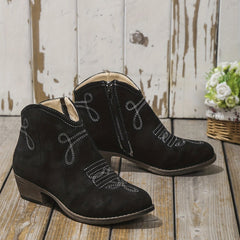 Embroidered Western Ankle Boots V Cut Side Zipper Low Heels Pointed Toe Cowgirl