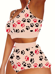 Dog Paw Print Pajama Set: Crop Cami Top & Shorts