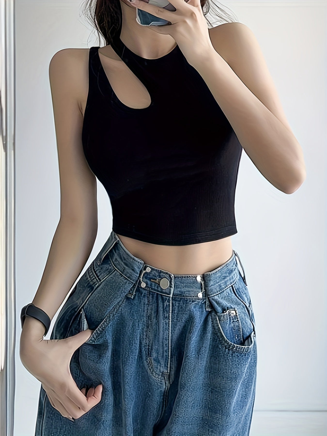 Solid Tank Top Hollow Out Asymmetric Straps Top Women's Lingerie