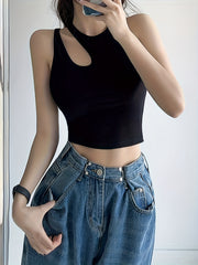 Solid Tank Top Hollow Out Asymmetric Straps Top Women's Lingerie