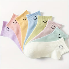 8 Pairs Smiling Face Print Socks Comfy Crew Short Socks Women's Stockings