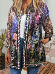 Floral Print Open Front Jacket Long Sleeve Casual Jacket for Fall & Winter