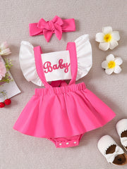 Baby Sweet Contrast Letter Print Flying Sleeve Romper Ruffled Dress