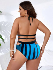 Striped Print Halter Bra & Panty Swimsuit Set