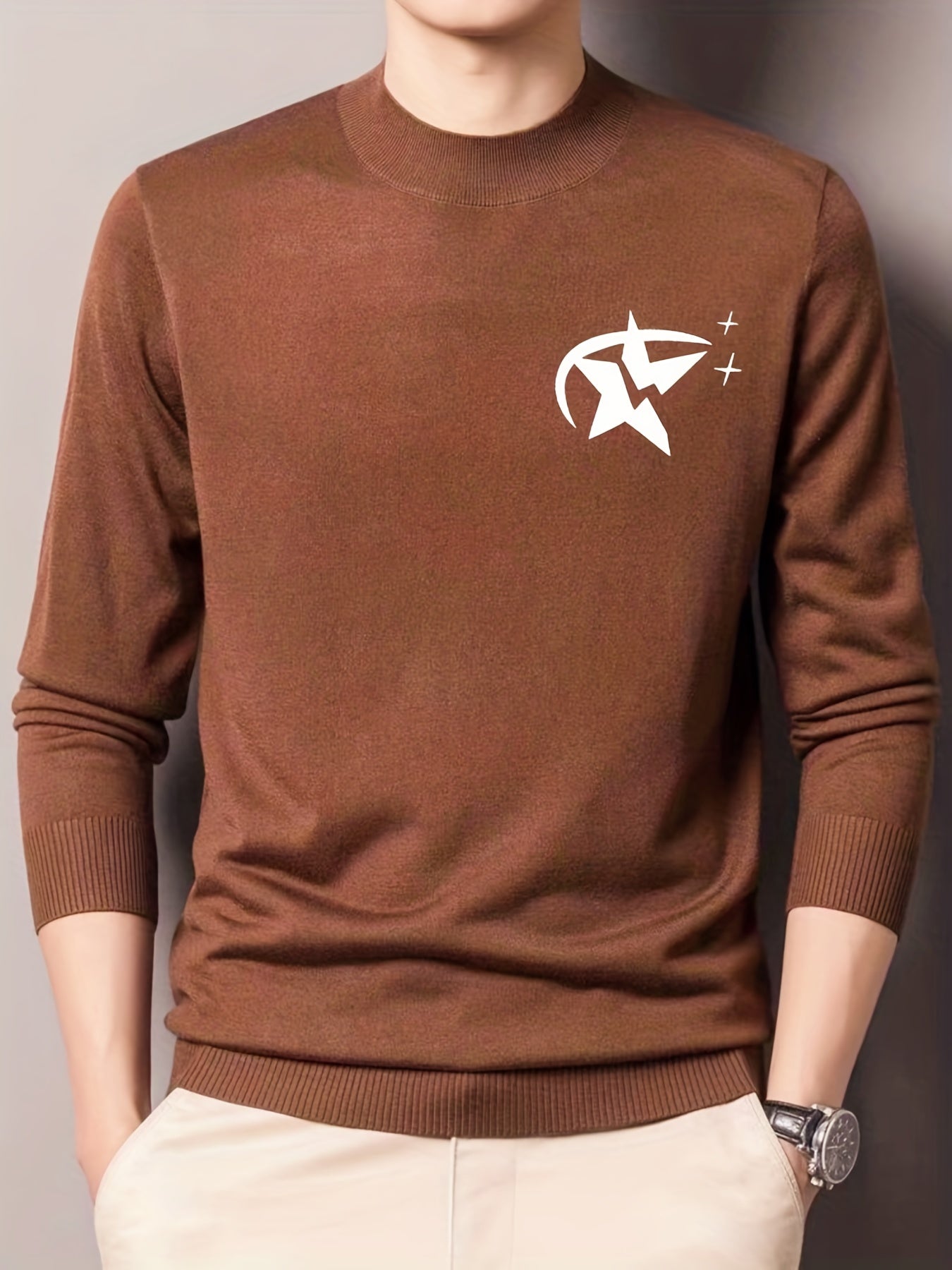 Star Pattern Knitted Sweater Men's Casual Warm Crew Neck Pullover