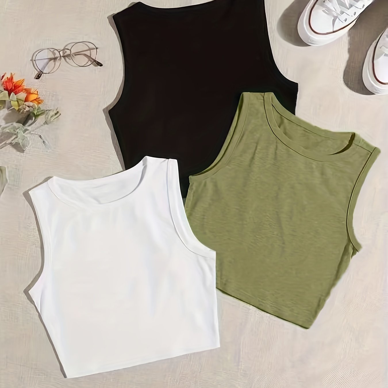 3-Piece Lounge Tops Crew Neck Tank Top Women's Loungewear
