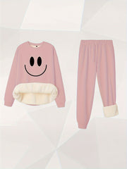 Smiling Face Print Top & Joggers Outfit 2 Piece Set