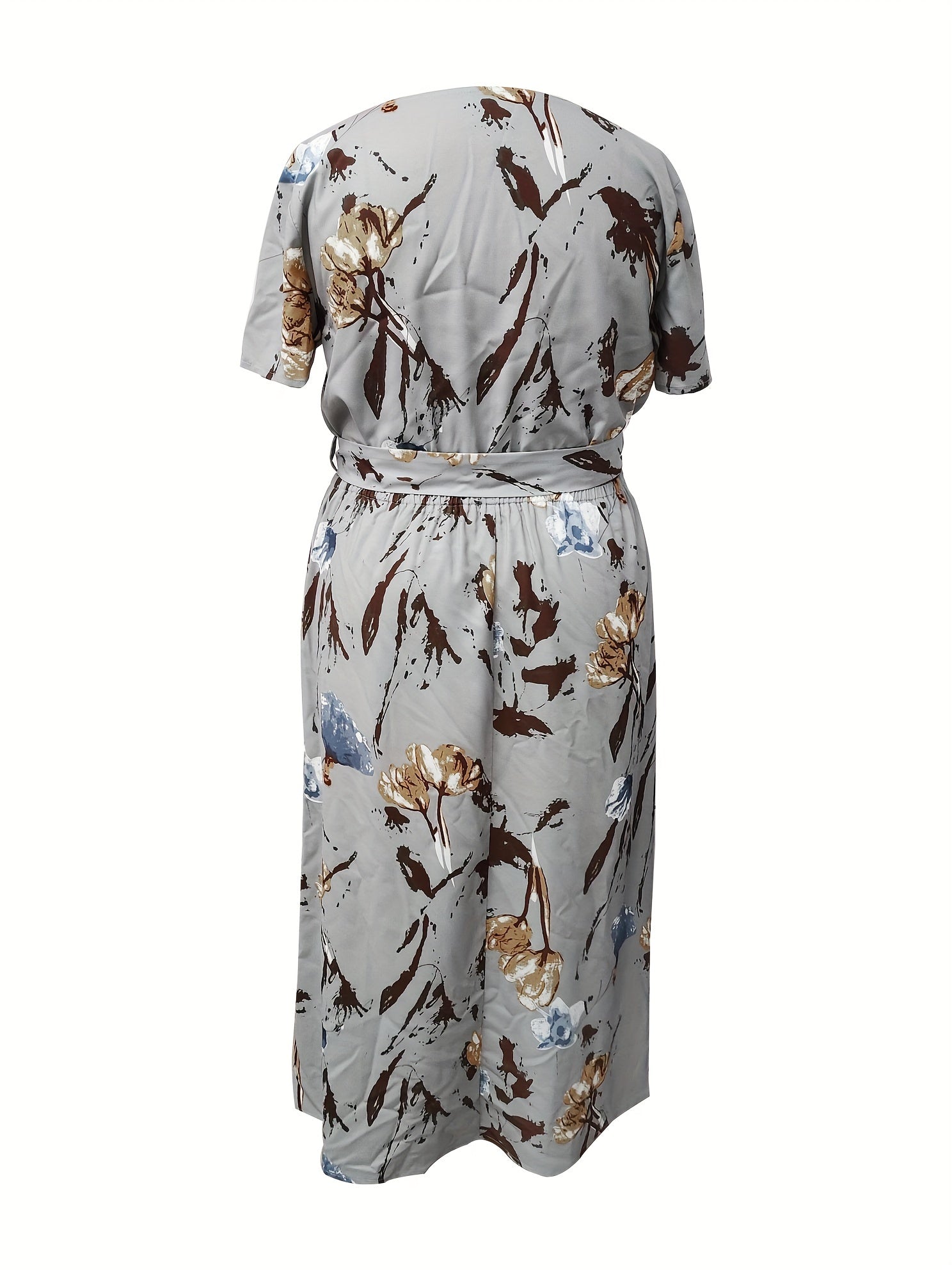 Floral Print Short Sleeve Maxi Dress With Belt & Pockets