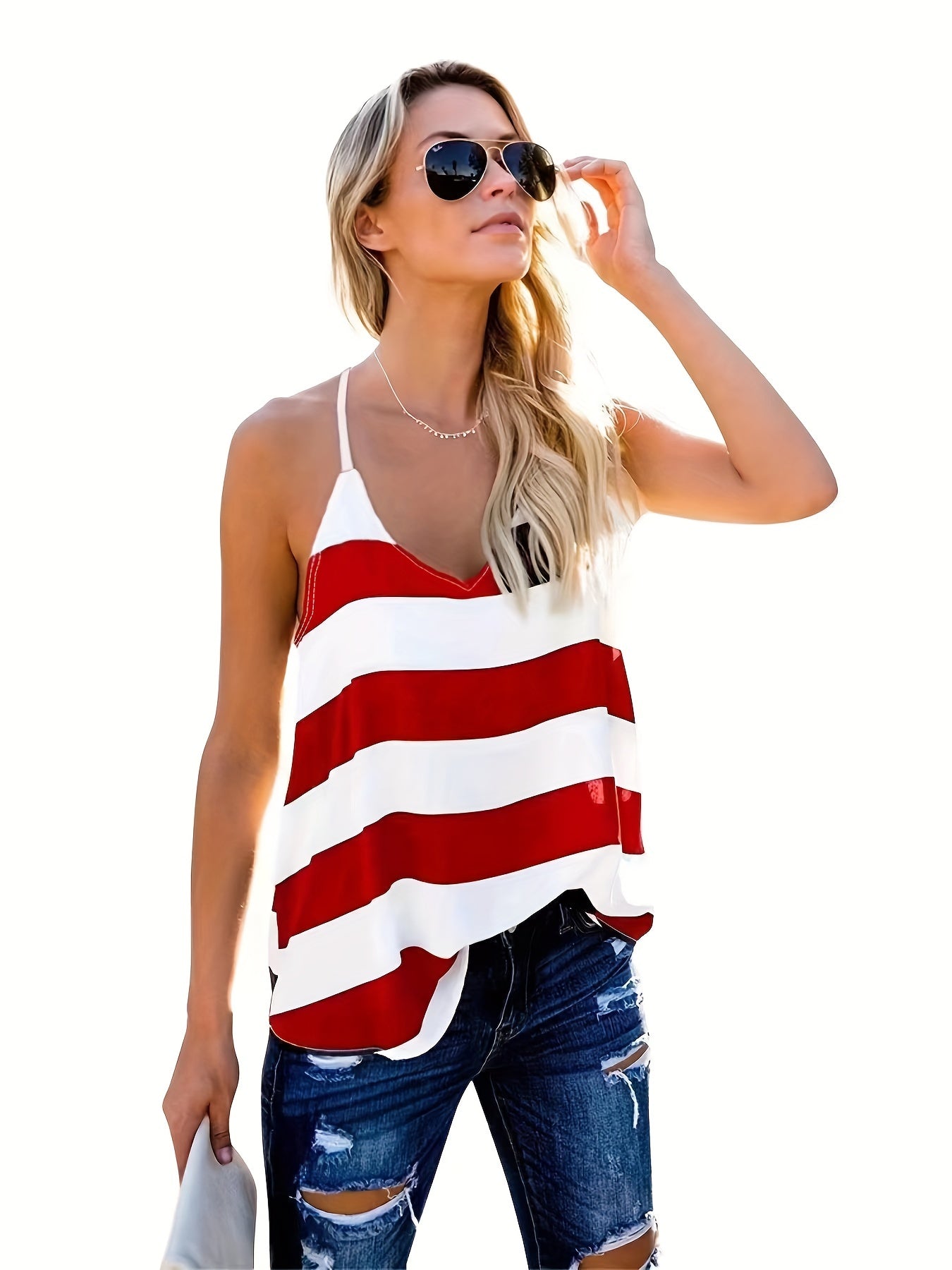 Striped Print V Neck Cami Top Sleeveless Loose Fit