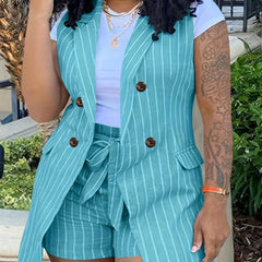 Stripe Print Blazer & Shorts Set with Belt