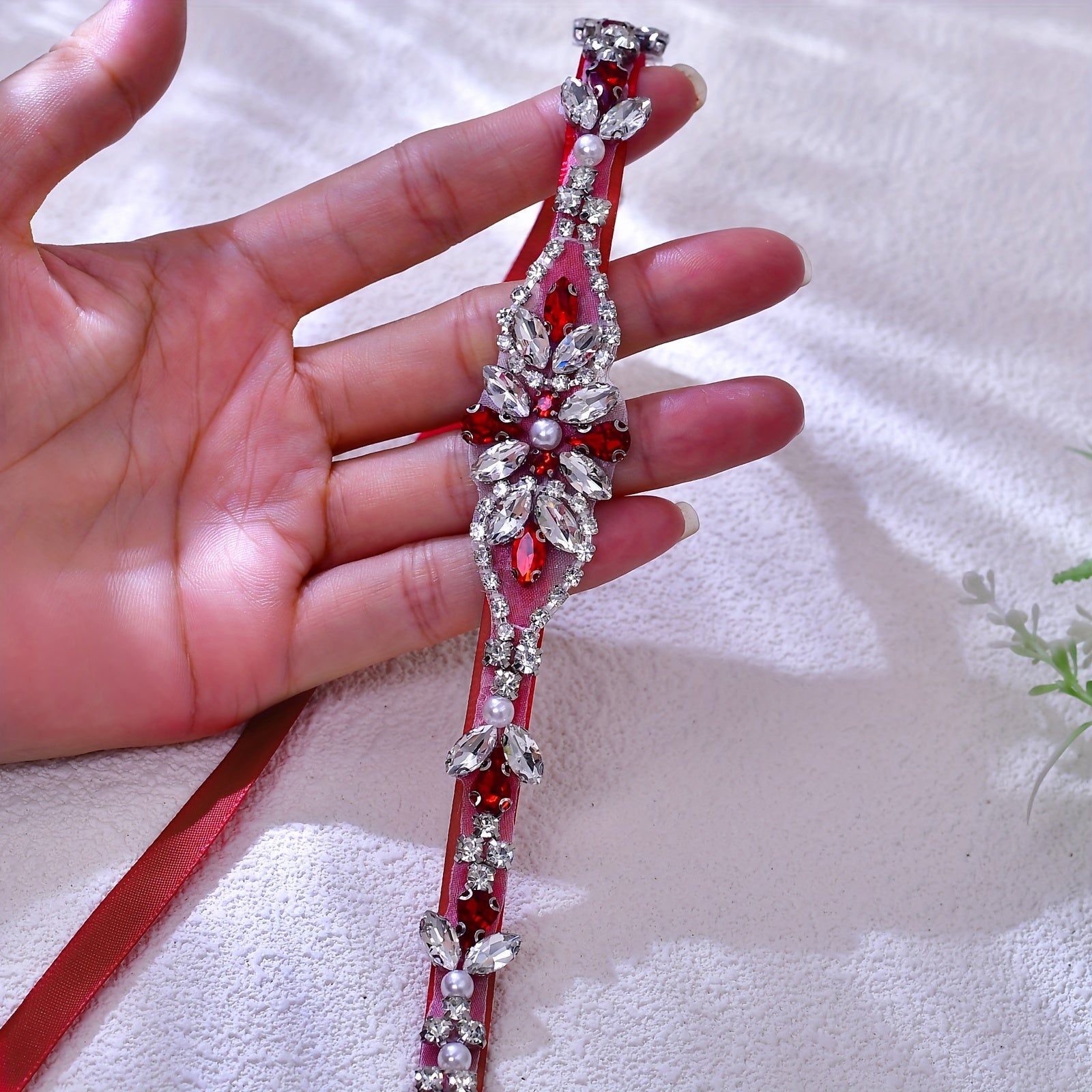 Red Ribbon Bridal Belt with Rhinestones for Weddings & Parties
