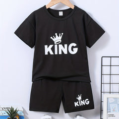 2pcs Boys Teen Casual KING Crown Graphic Print T shirt & Shorts Set